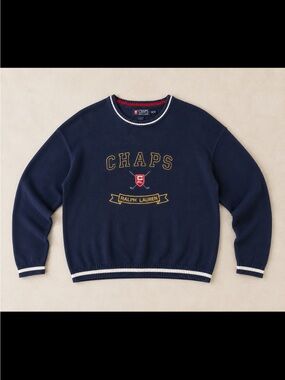 Vintage Chaps Ralph Lauren Sweater Mens Medium Navy Knit Logo Crest Crewneck Y2K